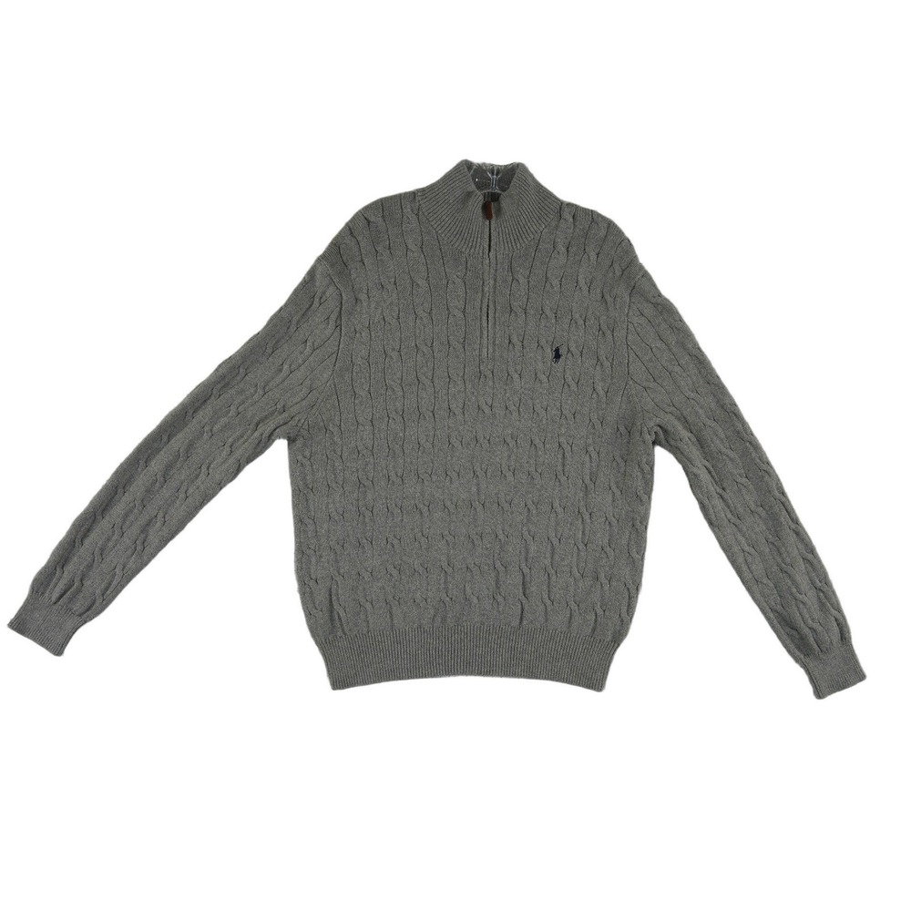 Polo Ralph Lauren Cable Knit Sweater Men's Size XL Gray Quarter Zip 100% Cotton